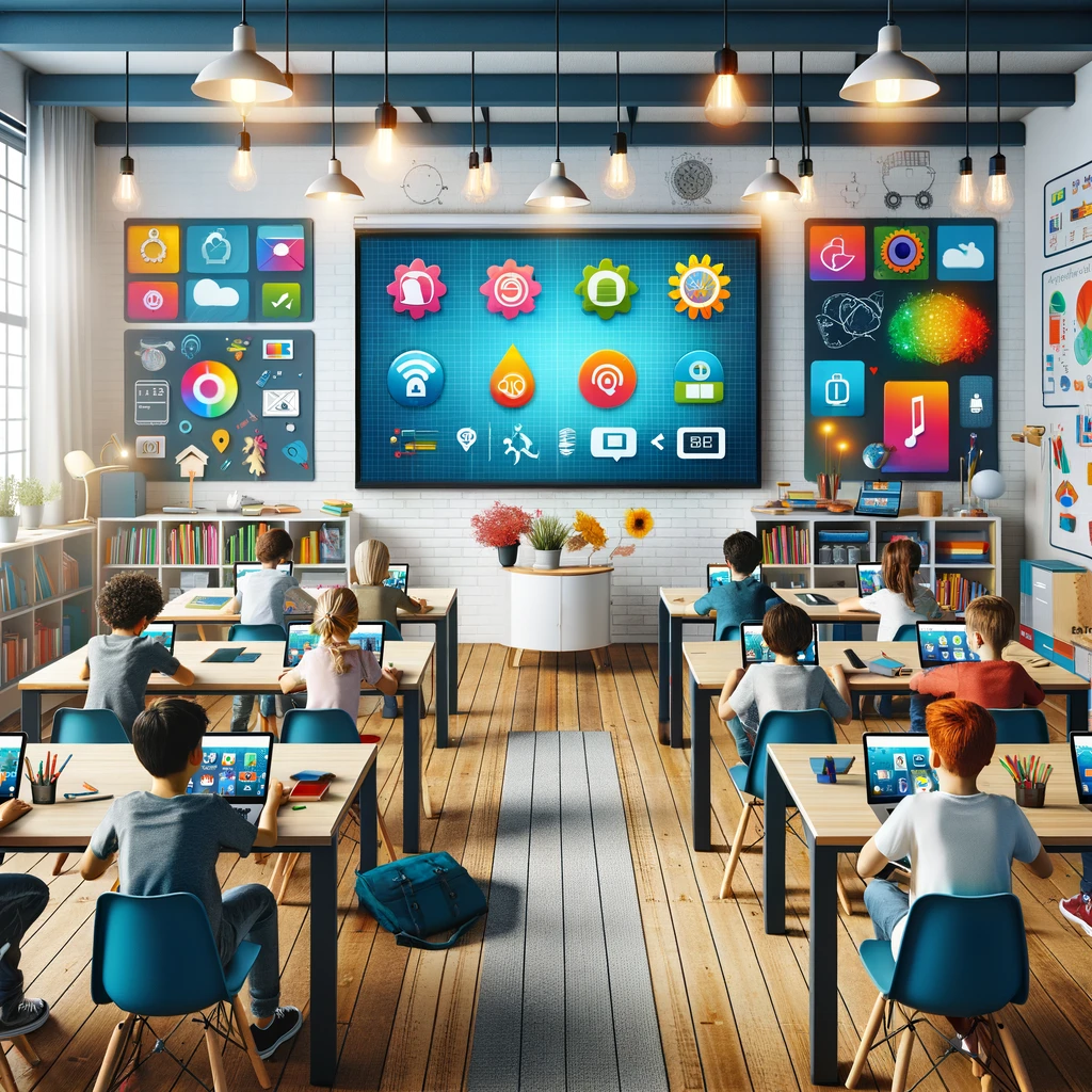 Fotografia de uma sala de aula moderna, destacando a tecnologia educacional
